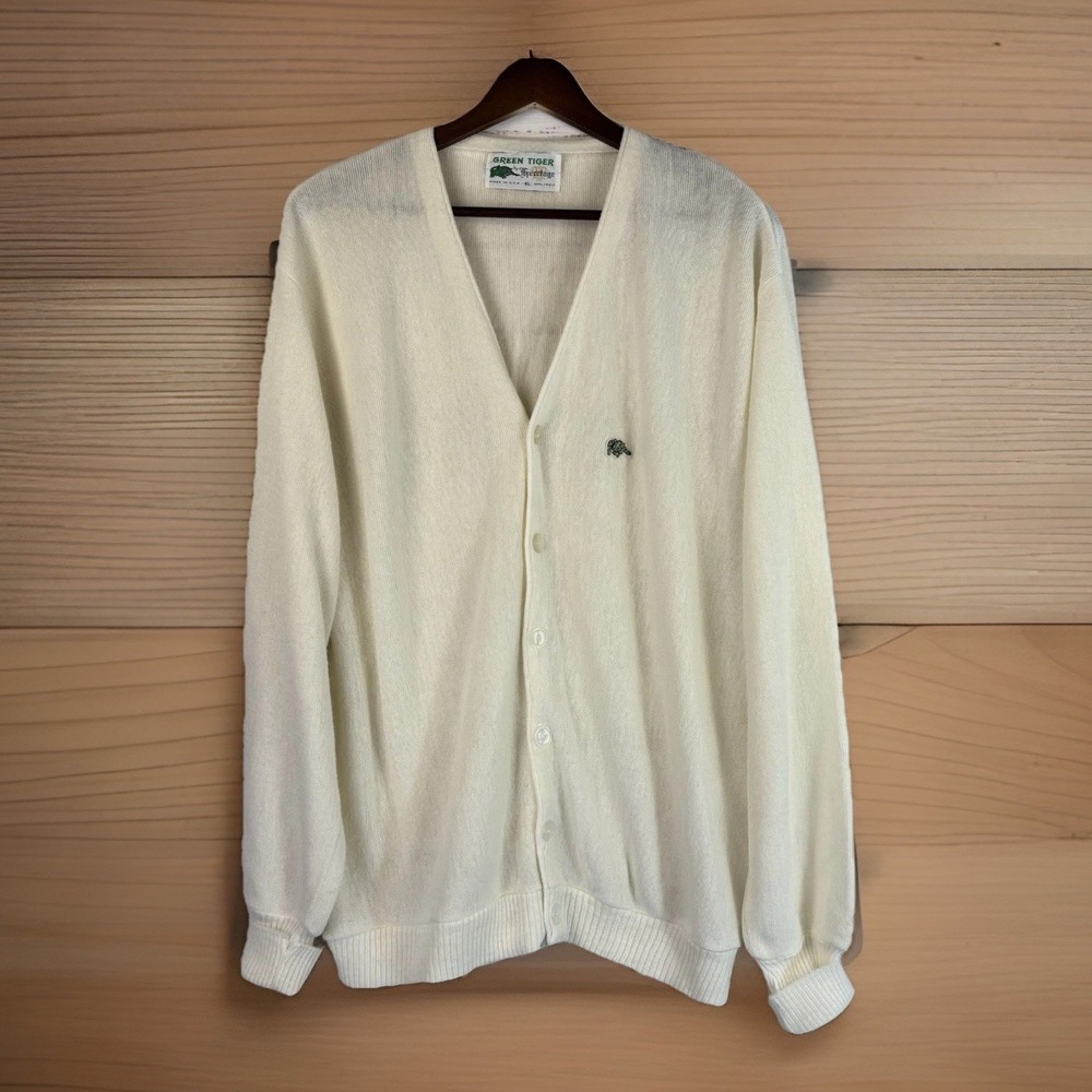 Vintage Tiger Cardigan Sweater Logo XL V-Neck‎ Ivory Grunge Punk Preppy Grandpa
